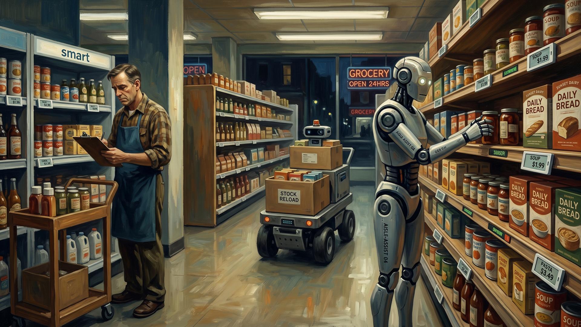 Human and robot merchandisers working side by side