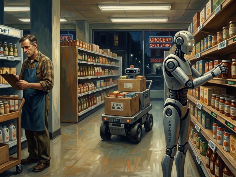 Human and robot merchandisers working side by side